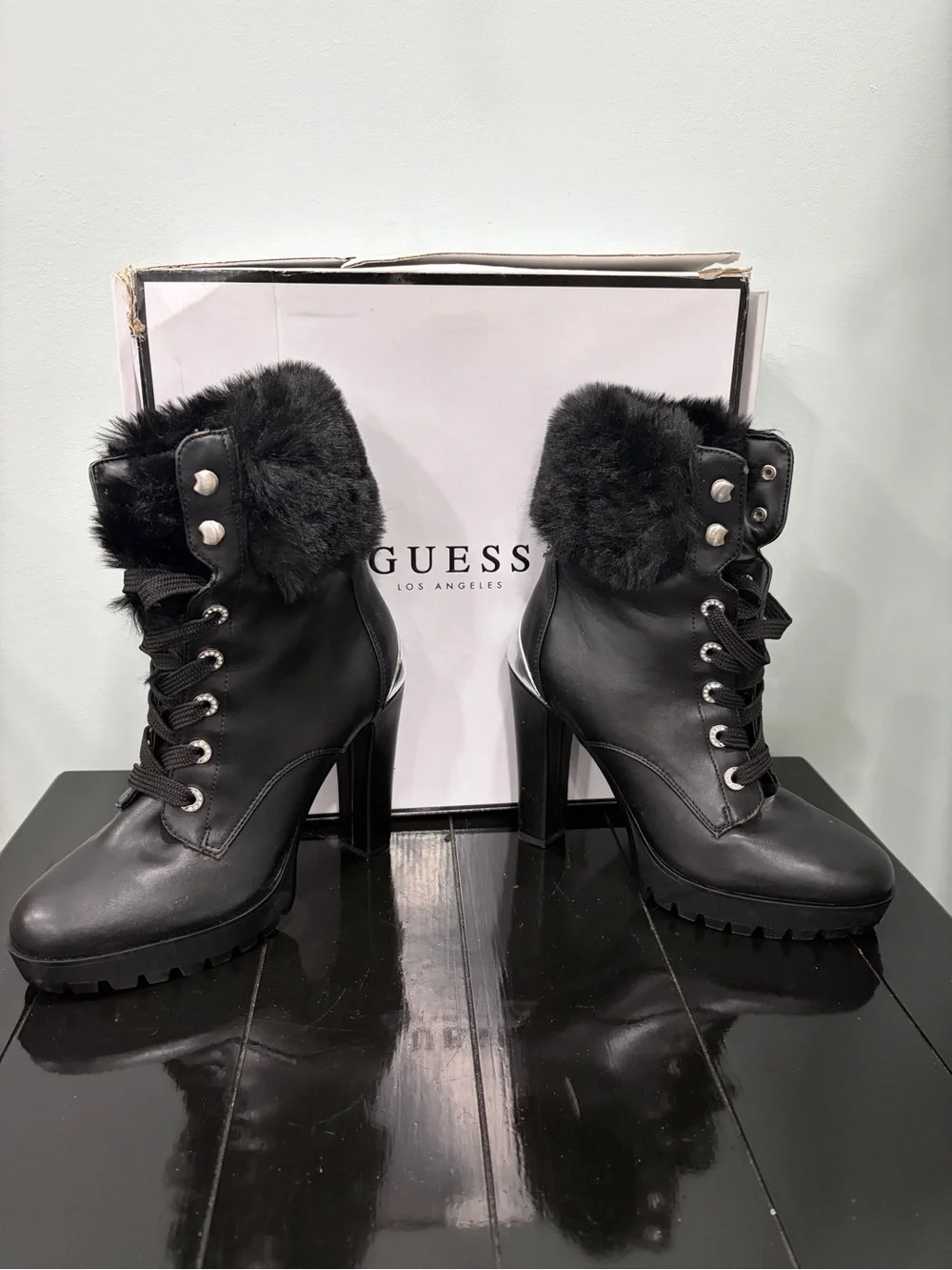 GUESS Black Faux-Fur Lace-Up High Heel Ankle Boots